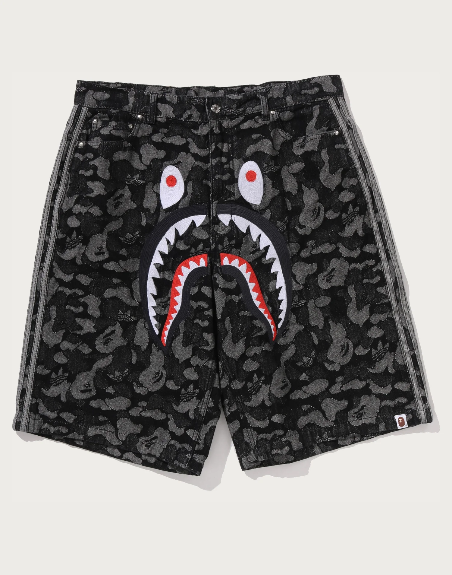BAPE X ADIDAS CAMO JACQUARD SHARK DENIM JORTS MENS